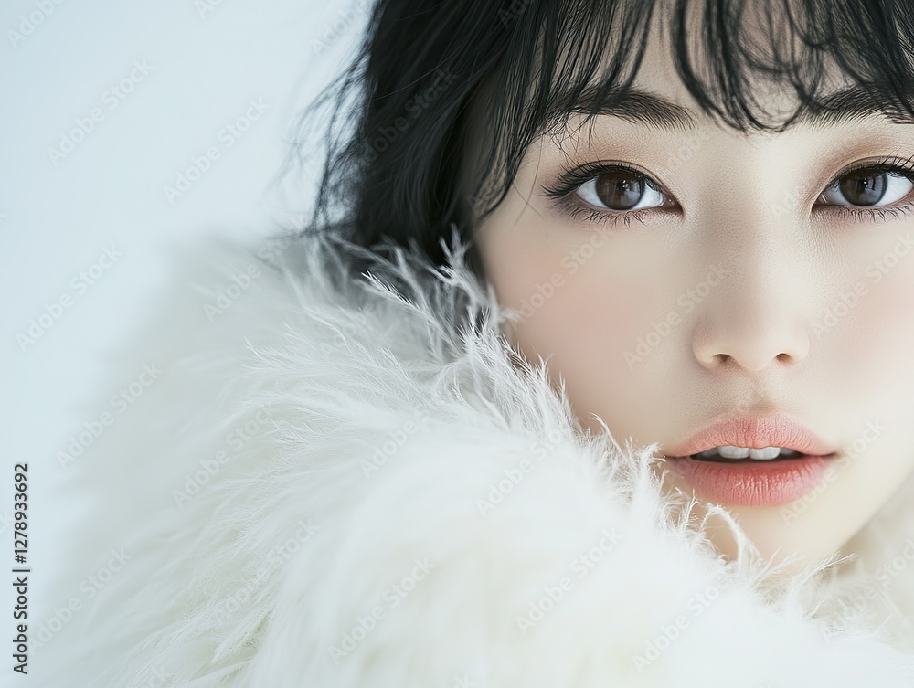 Elegant woman in white fluffy coat in confident pose, beautiful face on pure white background. Studio portraits with soft, bright light and cinematic contrast. Elegant woman in white fluffy coat in confident pose, beautiful face on pure white background. Studio portraits with soft, bright light and cinematic contrast.