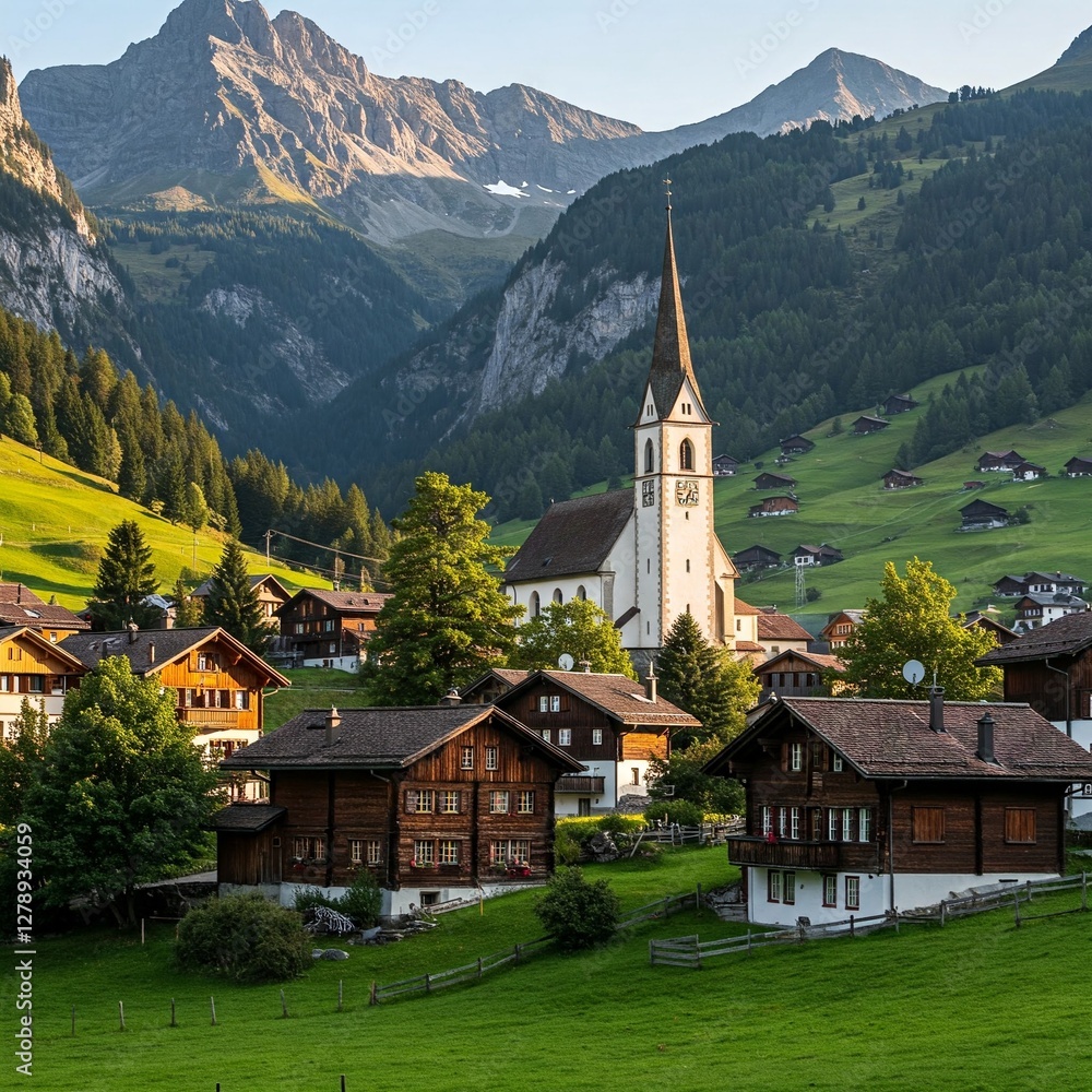 Fototapeta premium Nestled in the Heart of the Swiss Alps, a Village with Wooden Houses and a Towering Church Steeple.