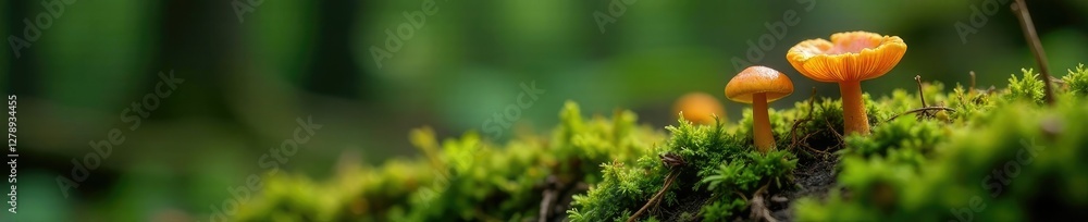 Forest floor with moss and tiny orange mushrooms, nature, mushroom Forest floor with moss and tiny orange mushrooms, nature, mushroom