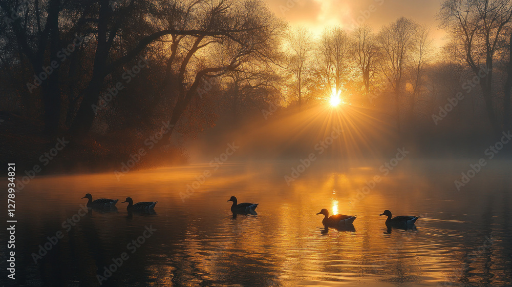 Sunbeams streaming through thick fog over a still lake, with ducks swimming in the foreground Sunbeams streaming through thick fog over a still lake, with ducks swimming in the foreground