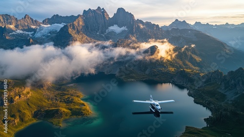 Wallpaper Mural A small airplane soars above a tranquil lake nestled in the mountains, showcasing the beauty of nature and aviation in harmony. Torontodigital.ca