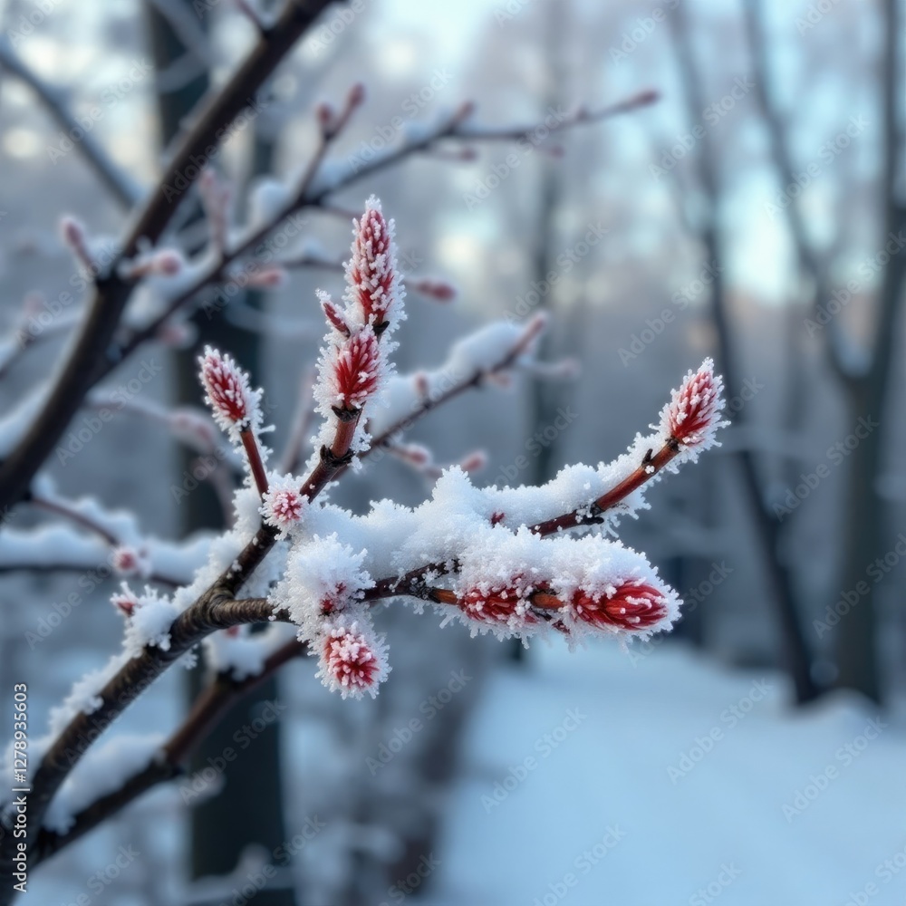 Frosty frozen tree branch with snow covered buds, cold weather, frost, tree branches Frosty frozen tree branch with snow covered buds, cold weather, frost, tree branches