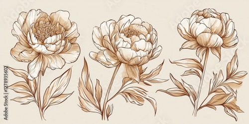 Fototapeta Naklejka Na Ścianę i Meble -  A collection of exquisite peony flowers and elegant emblems. 