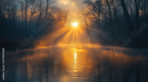 Sunlight piercing through a dense fog over a quiet river, creating a mystical atmosphere photo