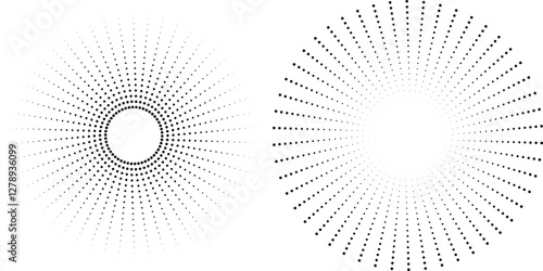 Abstract radial dot patterns for graphic design. Halftone dotted circulatory distribution.