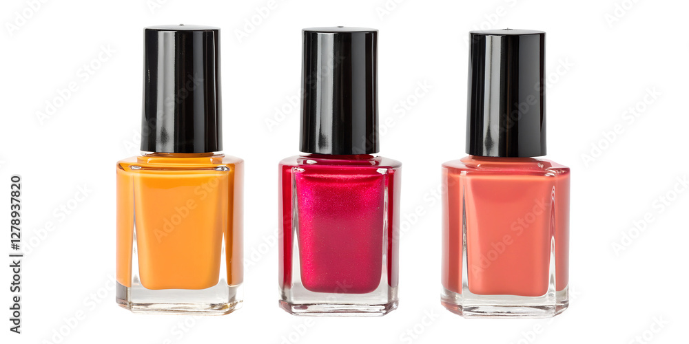Three Various Realistic Colourful Nail Polishes on Transparent Background, Vibrant, Nail Polish Shades Three Various Realistic Colourful Nail Polishes on Transparent Background, Vibrant, Nail Polish Shades