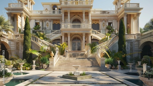 A stunning ornate mansion showcasing grand architecture with lush greenery and elegant fountains.