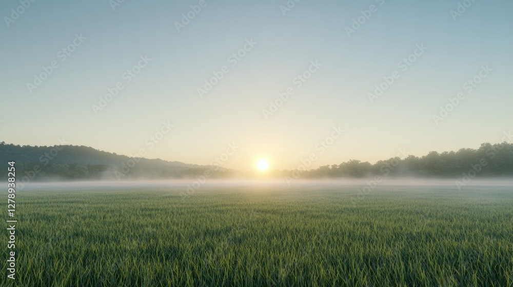 Serene sunrise over a lush green field with mist rising, capturing the tranquil beauty of a new day in the countryside. Serene sunrise over a lush green field with mist rising, capturing the tranquil beauty of a new day in the countryside.