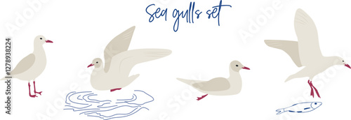 Flat Seagulls set illustrations. Vector cliparts of sea wild birds. Fasherman aesthetic