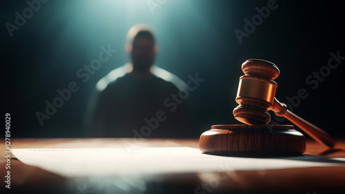 A dramatic courtroom scene featuring a gavel and a blurred figure, representing justice and the legal system.