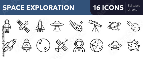 space exploration icons including rocket, astronaut, planet Earth, Moon, satellite, space shuttle, telescope, space station, alien spaceship