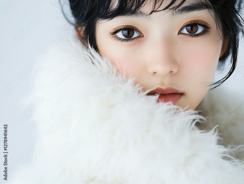 Elegant woman in white fluffy coat in confident pose, beautiful face on pure white background. Studio portraits with soft, bright light and cinematic contrast. Elegant woman in white fluffy coat in confident pose, beautiful face on pure white background. Studio portraits with soft, bright light and cinematic contrast.