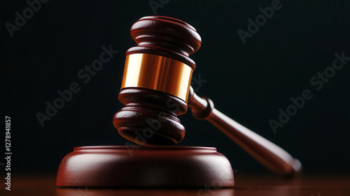 A textured wooden gavel resting on a dark table, symbolizing justice and law in a courtroom setting.