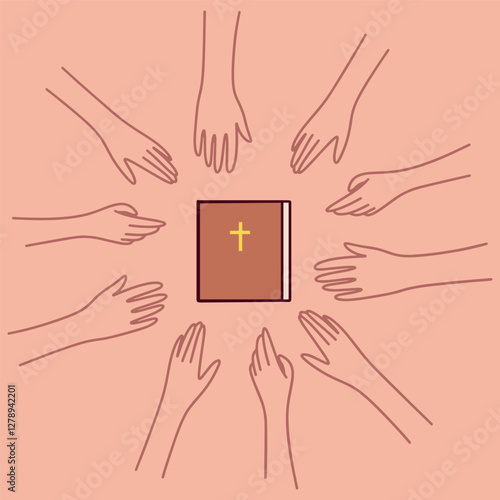 A group of diverse people from different ethnic backgrounds gather around a Bible, showing unity in faith. The hands reach towards the holy book with a golden cross on the cover, symbolizing devotion 