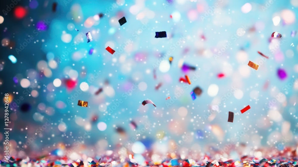 Colorful confetti falling against a blurred teal background. Colorful confetti falling against a blurred teal background.
