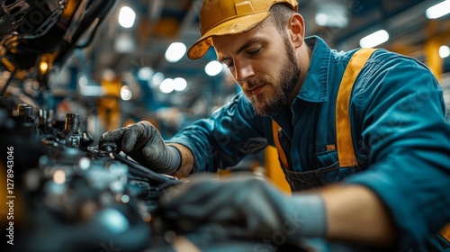 Mechanics repair engine testing. Mechanic working on car wiring in a garage environment photo