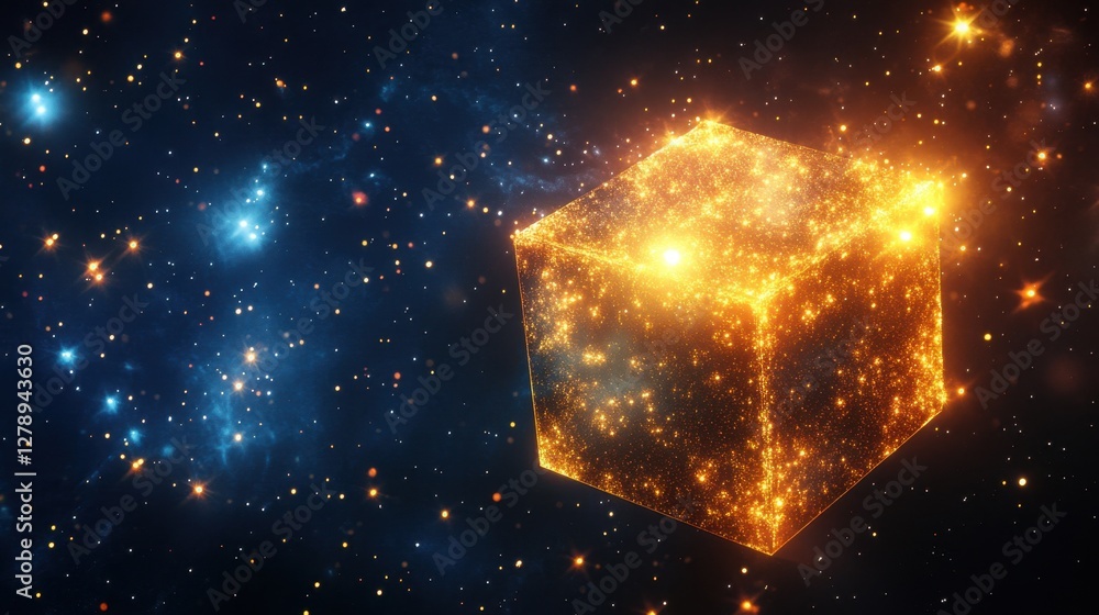 Obraz premium A glowing box with dynamic sparkles, shot against a starry background, symbolizing cosmic discovery and excitement.