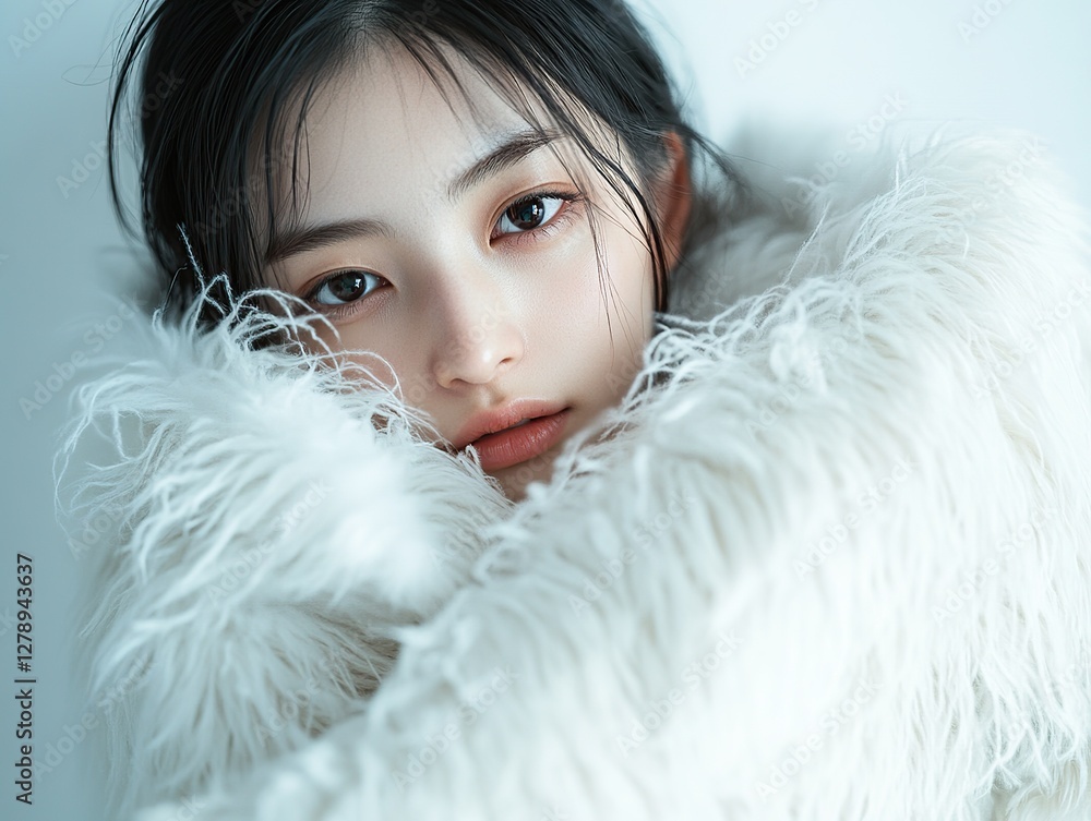 Elegant woman in white fluffy coat in confident pose, beautiful face on pure white background. Studio portraits with soft, bright light and cinematic contrast.