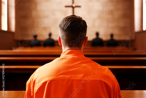 A solemn scene depicting a person in an orange jumpsuit sitting in a chapel, reflecting on faith and redemption.