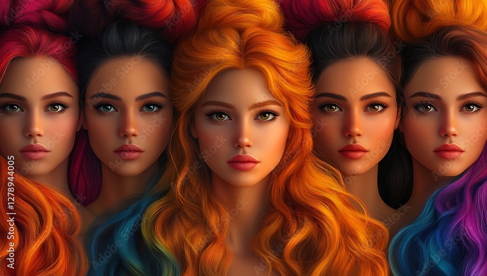Obraz premium Five Individuals with Vibrant Hairstyles in Orange, Pink, and Blue Showcasing Textures