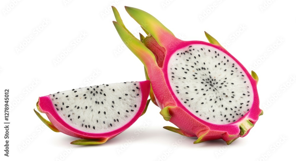 Sliced Dragon Fruit Displayed Against a White Background Close Up Sliced Dragon Fruit Displayed Against a White Background Close Up