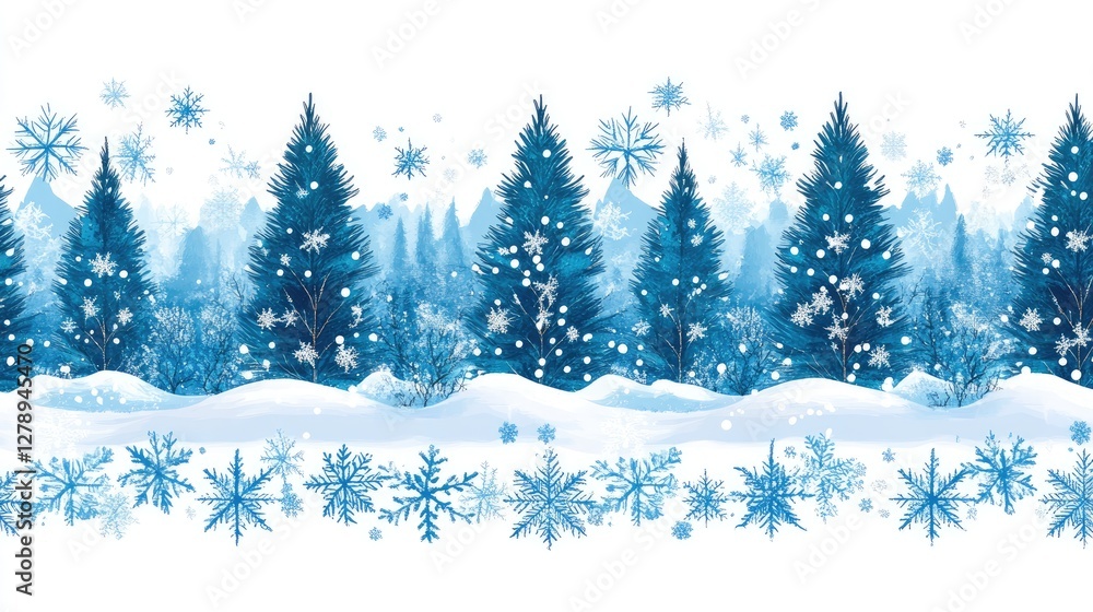 Stunning Blue Winter Forest Snowscape with Snowflakes Stunning Blue Winter Forest Snowscape with Snowflakes