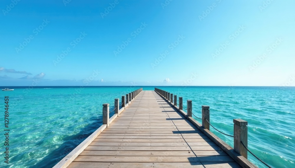 Pier extends into distance with clear blue sky above, scenery, peaceful Pier extends into distance with clear blue sky above, scenery, peaceful
