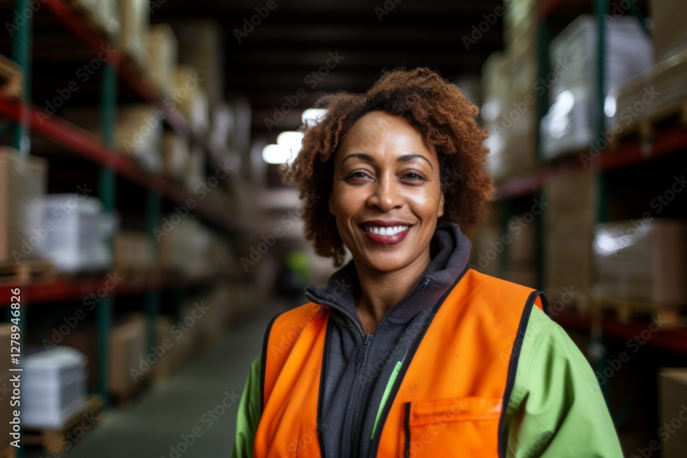 Portrait of a middle aged female forklift worker in warehouse Portrait of a middle aged female forklift worker in warehouse