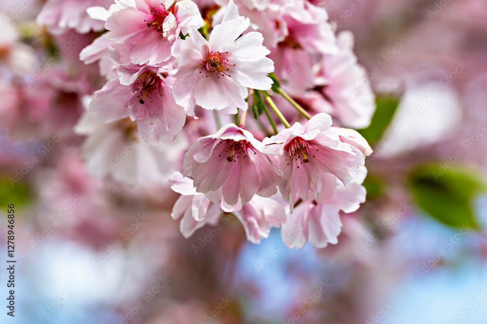 Obraz premium Blooming cherry blossoms on tree branch showcase the beauty of spring. Pink flowers symbolize renewal in nature's cycle. Blossoms captivate with vivid details and delicate structures