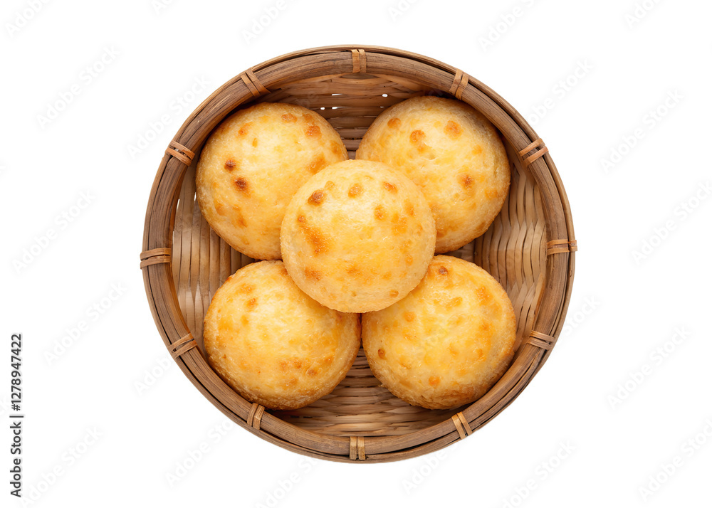 Brazilian Cheese Bread Inside a Wooden Basket on Transparent Background, Savory, Traditional Snack Brazilian Cheese Bread Inside a Wooden Basket on Transparent Background, Savory, Traditional Snack