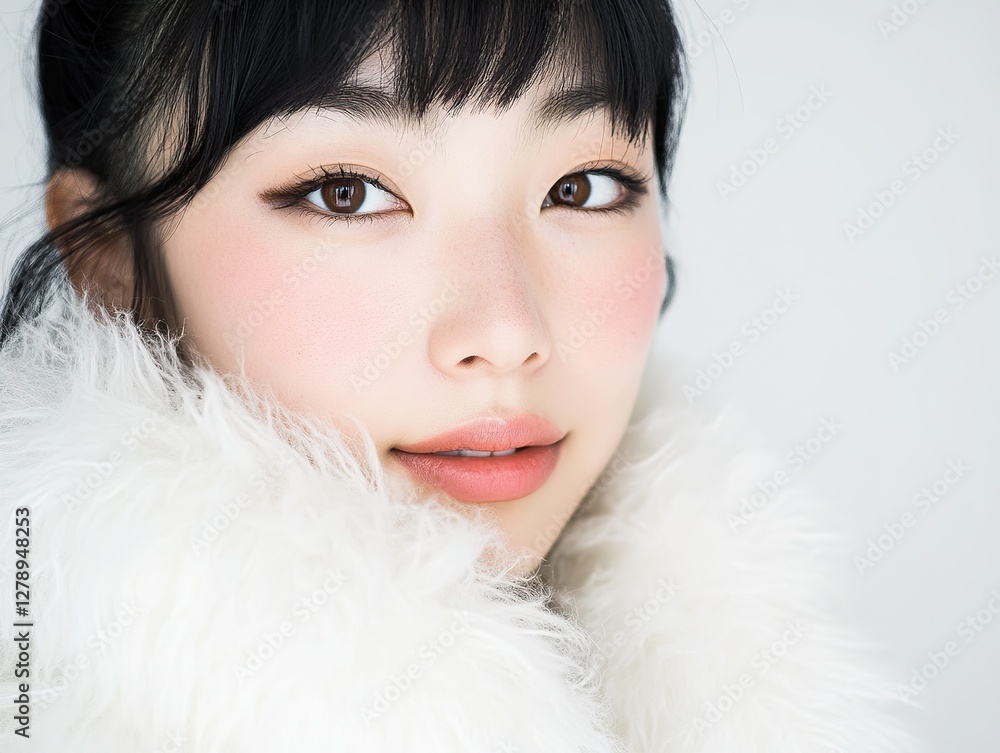 Elegant woman in white fluffy coat in confident pose, beautiful face on pure white background. Studio portraits with soft, bright light and cinematic contrast. Elegant woman in white fluffy coat in confident pose, beautiful face on pure white background. Studio portraits with soft, bright light and cinematic contrast.