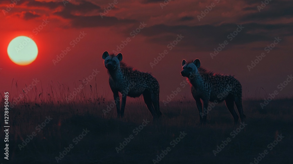 Fototapeta premium Two Hyenas at Sunset in African Savanna