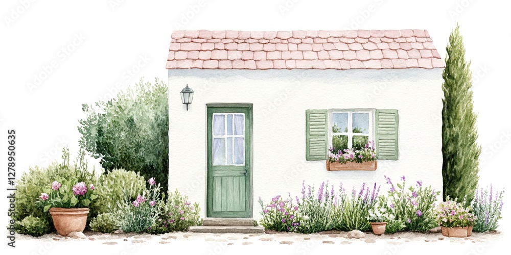 Fototapeta premium Dream Home Watercolor: A charming watercolor illustration of a whimsical home, cozy house, , elegant home, showcasing sleek architecture and a welcoming design.