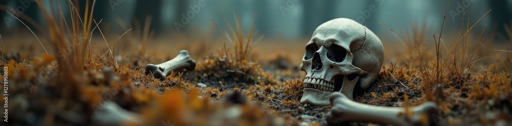 Skulls and bones in a patch of dry grass and weeds, halloween, moody, grave Skulls and bones in a patch of dry grass and weeds, halloween, moody, grave