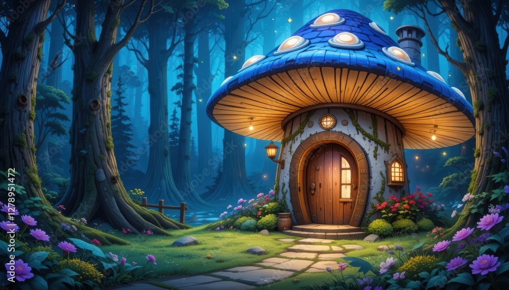 Obraz premium Enchanted Fairy Tale Mushroom House Surrounded by Magical Forest in Twilight with Glowing Lanterns and Colorful Flowers