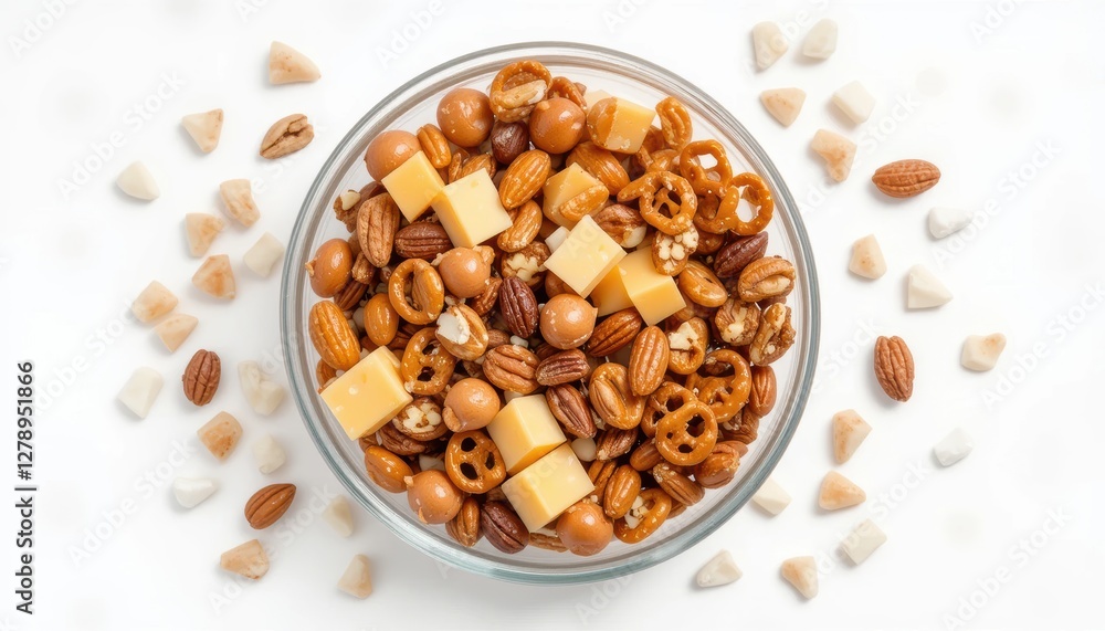 Mixed Snack Bowl with Nuts, Pretzels, Caramel Candies, and Cheese Cubes Perfect for Parties and Gatherings Mixed Snack Bowl with Nuts, Pretzels, Caramel Candies, and Cheese Cubes Perfect for Parties and Gatherings