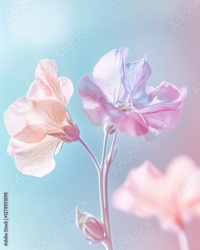 A close up of two pink flowers with a blue background