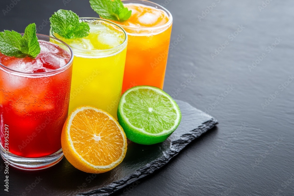 assortment of iced fruit drinks on a dark background assortment of iced fruit drinks on a dark background