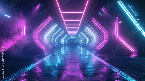 A neon tunnel with purple and blue lights