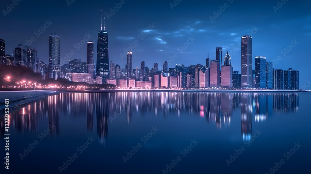 Fototapeta premium A panoramic view of the Chicago skyline at night 