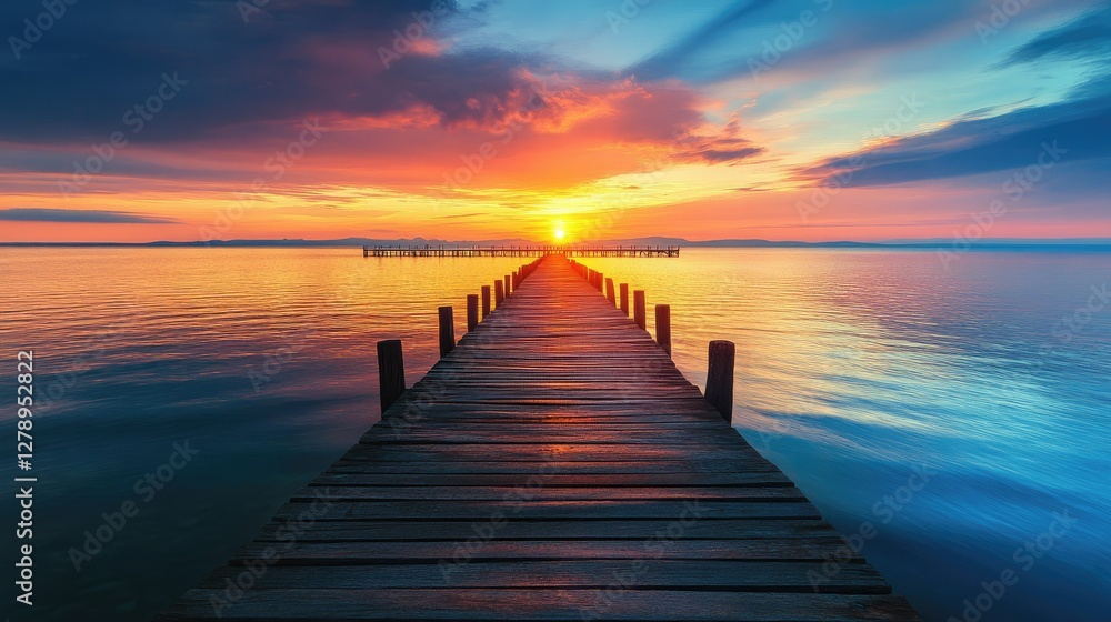 A beautiful wooden pier stretching out into the sea, with colorful sunset hues casting their glow over the water. A beautiful wooden pier stretching out into the sea, with colorful sunset hues casting their glow over the water.
