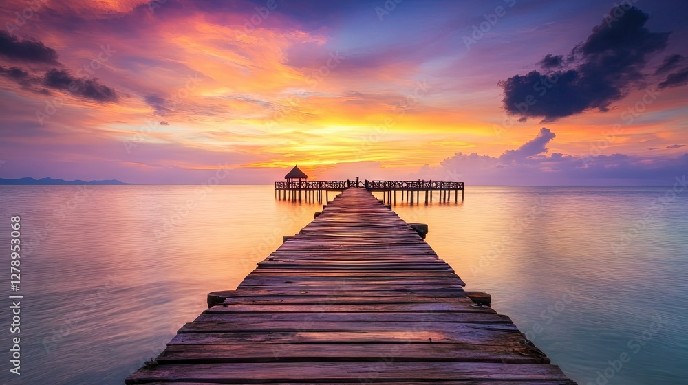 Fototapeta premium A beautiful wooden pier stretching out into the sea, with colorful sunset hues casting their glow over the water.