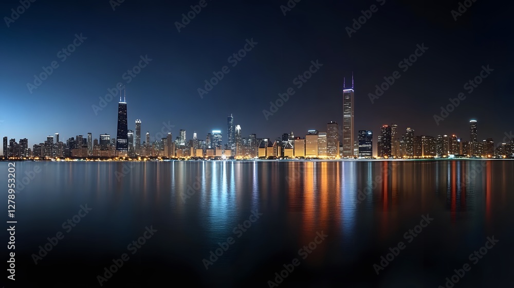 A panoramic view of the Chicago skyline at night
A panoramic view of the Chicago skyline at night