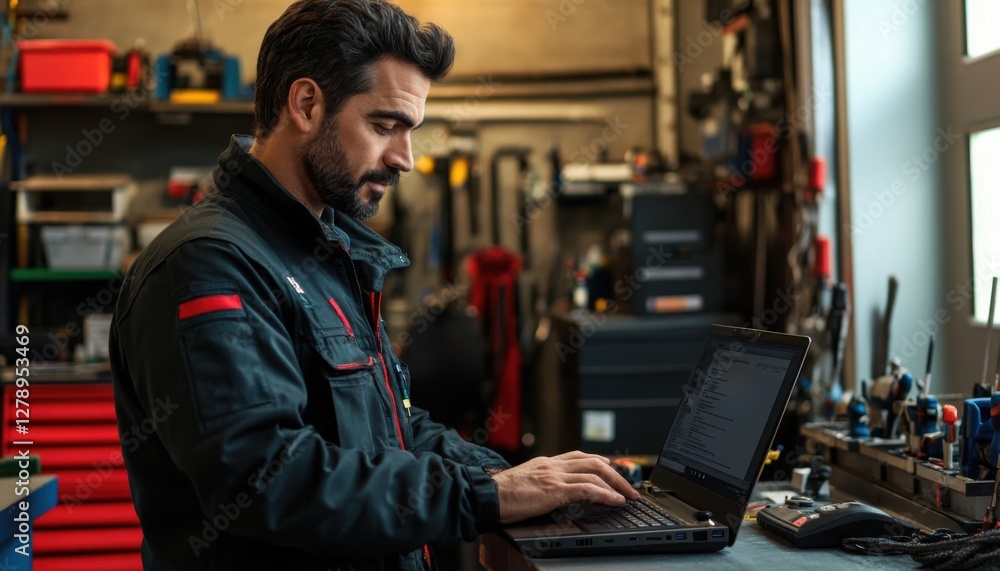 A technician working on a laptop in a workshop environment, surrounded by tools. A technician working on a laptop in a workshop environment, surrounded by tools.