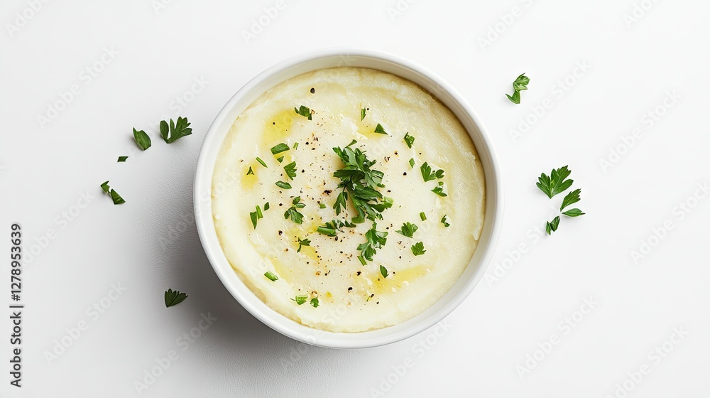 A bowl of creamy mashed potatoes garnished with fresh parsley, placed on a clean white background. Soft lighting enhances the texture. A bowl of creamy mashed potatoes garnished with fresh parsley, placed on a clean white background. Soft lighting enhances the texture.