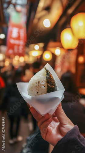 A hand in the middle of a Japanese market holding onigiri wrapped in crisp white craft paper.