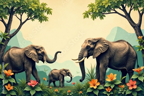 Mammals amidst lush foliage on a vintage-inspired elephant-print background, fauna, wallpaper