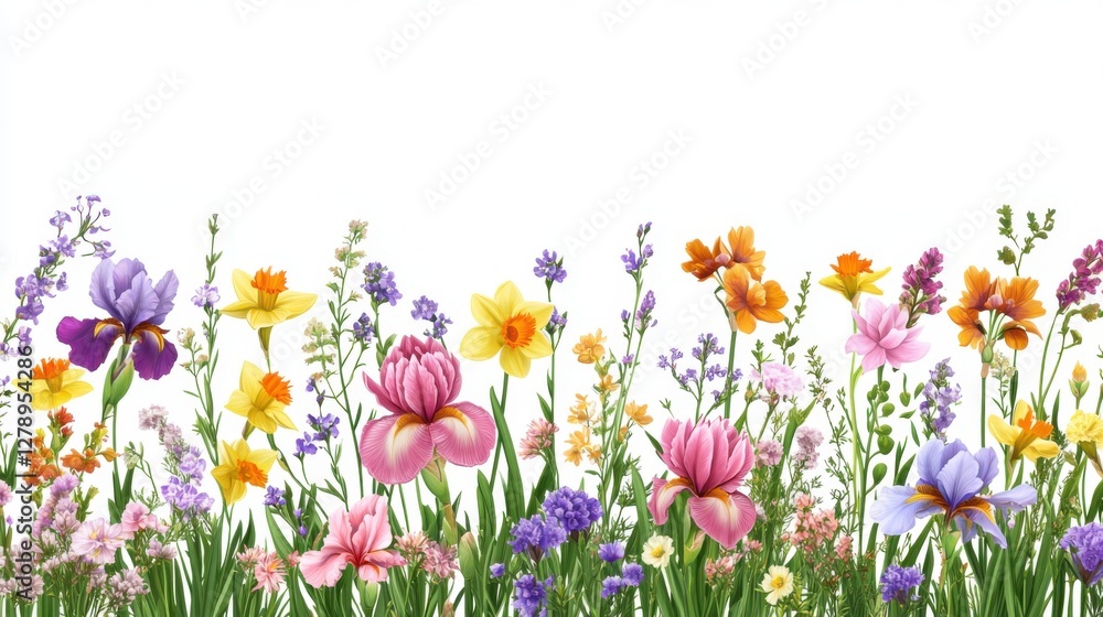 Fototapeta premium A vibrant array of blooming flowers in various colors against a blank background.