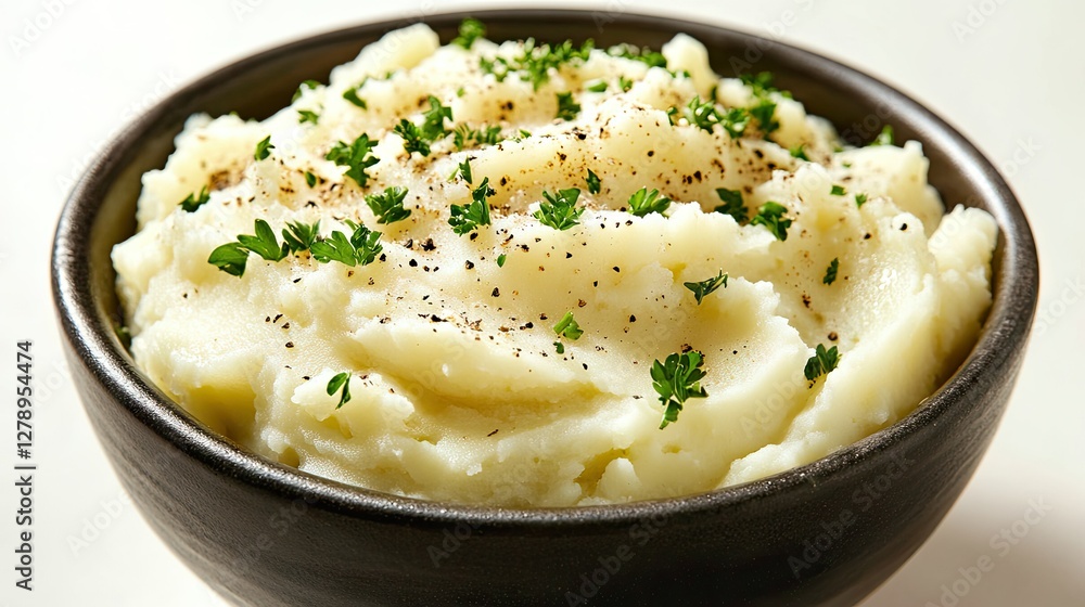 A bowl of mashed potatoes with finely chopped parsley sprinkled on top, styled beautifully on a white background with soft lighting. A bowl of mashed potatoes with finely chopped parsley sprinkled on top, styled beautifully on a white background with soft lighting.