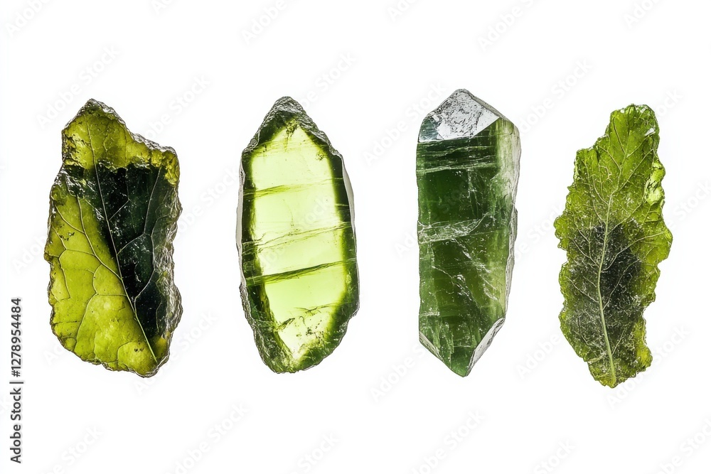 Naklejka premium Moldavite collection showcasing vibrant green stones with intricate textures on a white background